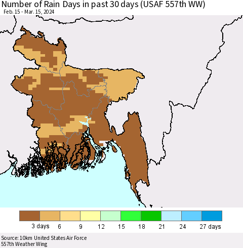 Bangladesh Number of Rain Days in past 30 days (USAF 557th WW) 03/15/2024 Thematic Map For 3/11/2024 - 3/15/2024