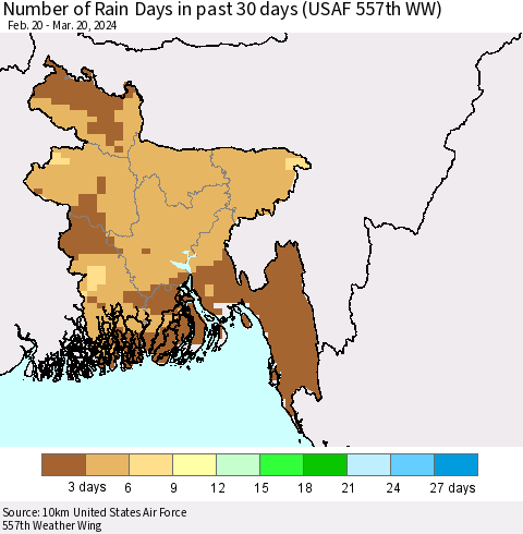 Bangladesh Number of Rain Days in past 30 days (USAF 557th WW) 03/20/2024 Thematic Map For 3/16/2024 - 3/20/2024