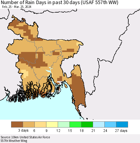 Bangladesh Number of Rain Days in past 30 days (USAF 557th WW) 03/25/2024 Thematic Map For 3/21/2024 - 3/25/2024