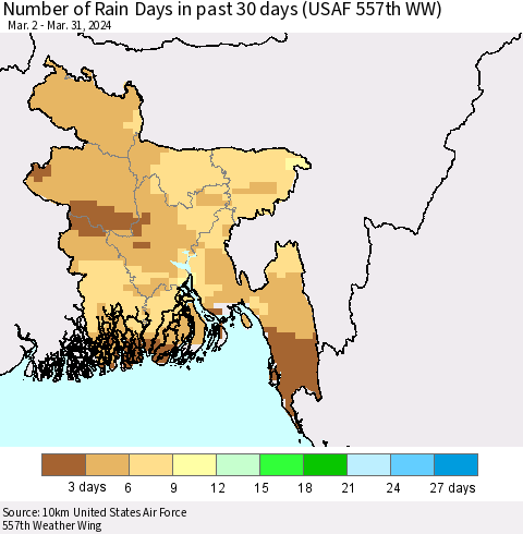 Bangladesh Number of Rain Days in past 30 days (USAF 557th WW) 03/31/2024 Thematic Map For 3/26/2024 - 3/31/2024