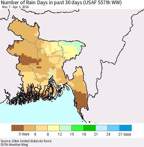 Bangladesh Number of Rain Days in past 30 days (USAF 557th WW) 04/05/2024 Thematic Map For 4/1/2024 - 4/5/2024