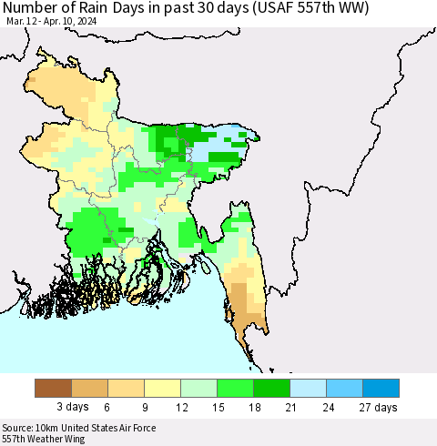 Bangladesh Number of Rain Days in past 30 days (USAF 557th WW) 04/10/2024 Thematic Map For 4/6/2024 - 4/10/2024