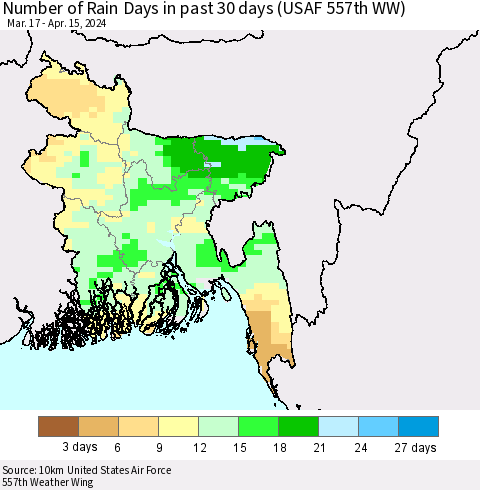 Bangladesh Number of Rain Days in past 30 days (USAF 557th WW) 04/15/2024 Thematic Map For 4/11/2024 - 4/15/2024