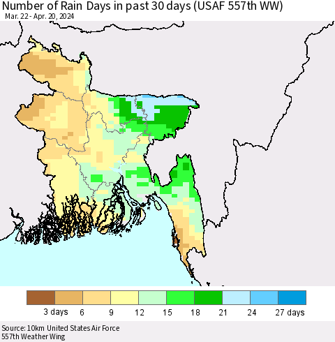 Bangladesh Number of Rain Days in past 30 days (USAF 557th WW) 04/20/2024 Thematic Map For 4/16/2024 - 4/20/2024
