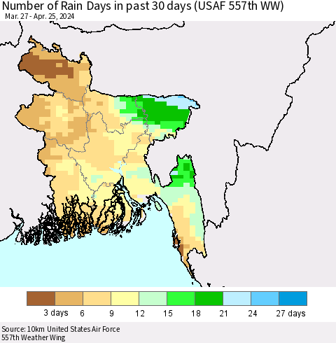 Bangladesh Number of Rain Days in past 30 days (USAF 557th WW) 04/25/2024 Thematic Map For 4/21/2024 - 4/25/2024