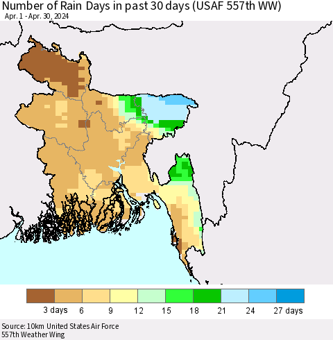 Bangladesh Number of Rain Days in past 30 days (USAF 557th WW) 04/30/2024 Thematic Map For 4/26/2024 - 4/30/2024