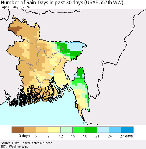 Bangladesh Number of Rain Days in past 30 days (USAF 557th WW) 05/05/2024 Thematic Map For 5/1/2024 - 5/5/2024