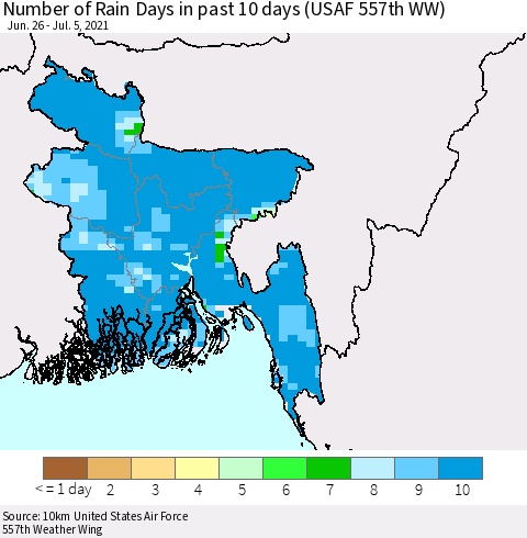 Bangladesh Number of Rain Days in past 10 days (USAF 557th WW) Thematic Map For 7/1/2021 - 7/5/2021