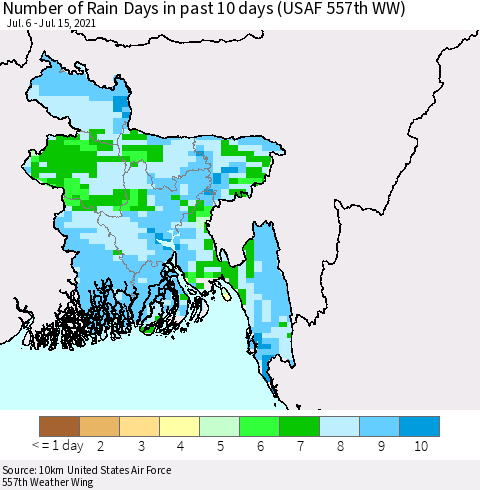 Bangladesh Number of Rain Days in past 10 days (USAF 557th WW) Thematic Map For 7/11/2021 - 7/15/2021