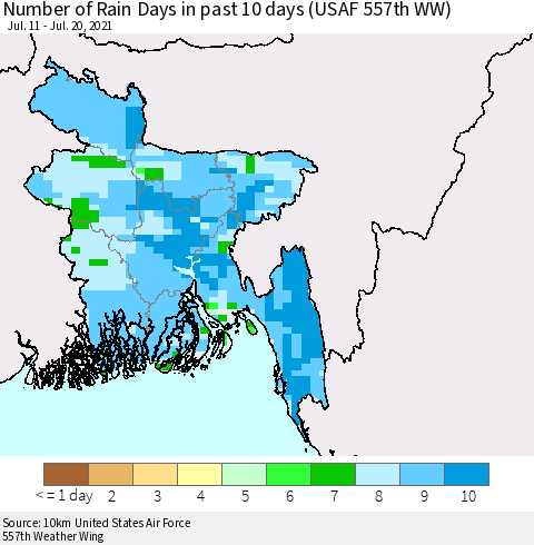 Bangladesh Number of Rain Days in past 10 days (USAF 557th WW) Thematic Map For 7/16/2021 - 7/20/2021