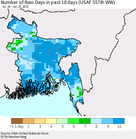 Bangladesh Number of Rain Days in past 10 days (USAF 557th WW) Thematic Map For 7/21/2021 - 7/25/2021