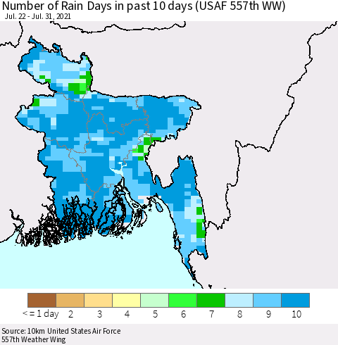 Bangladesh Number of Rain Days in past 10 days (USAF 557th WW) Thematic Map For 7/26/2021 - 7/31/2021