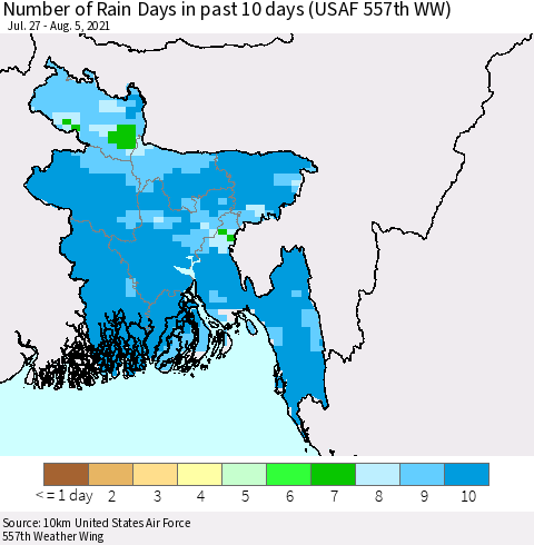 Bangladesh Number of Rain Days in past 10 days (USAF 557th WW) Thematic Map For 8/1/2021 - 8/5/2021