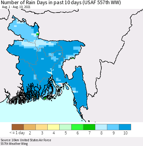 Bangladesh Number of Rain Days in past 10 days (USAF 557th WW) Thematic Map For 8/6/2021 - 8/10/2021