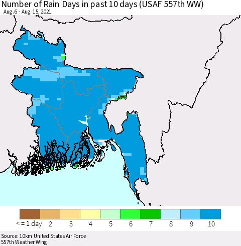Bangladesh Number of Rain Days in past 10 days (USAF 557th WW) Thematic Map For 8/11/2021 - 8/15/2021