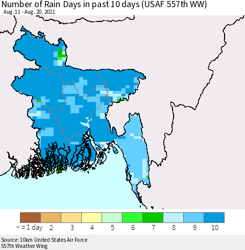 Bangladesh Number of Rain Days in past 10 days (USAF 557th WW) Thematic Map For 8/16/2021 - 8/20/2021