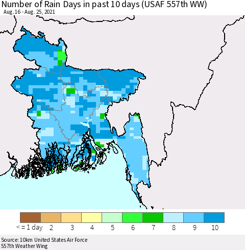 Bangladesh Number of Rain Days in past 10 days (USAF 557th WW) Thematic Map For 8/21/2021 - 8/25/2021