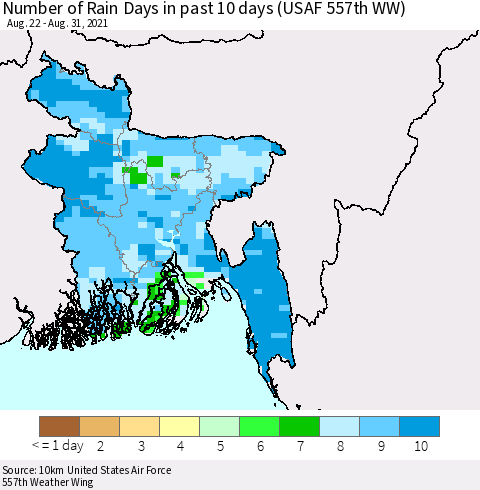 Bangladesh Number of Rain Days in past 10 days (USAF 557th WW) Thematic Map For 8/26/2021 - 8/31/2021