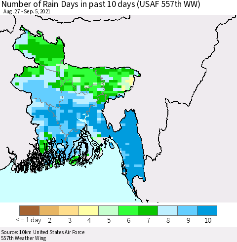 Bangladesh Number of Rain Days in past 10 days (USAF 557th WW) Thematic Map For 9/1/2021 - 9/5/2021