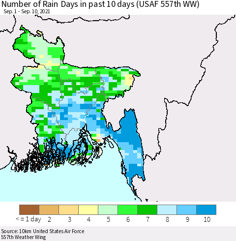Bangladesh Number of Rain Days in past 10 days (USAF 557th WW) Thematic Map For 9/6/2021 - 9/10/2021