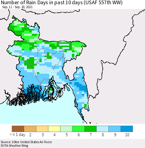 Bangladesh Number of Rain Days in past 10 days (USAF 557th WW) Thematic Map For 9/16/2021 - 9/20/2021