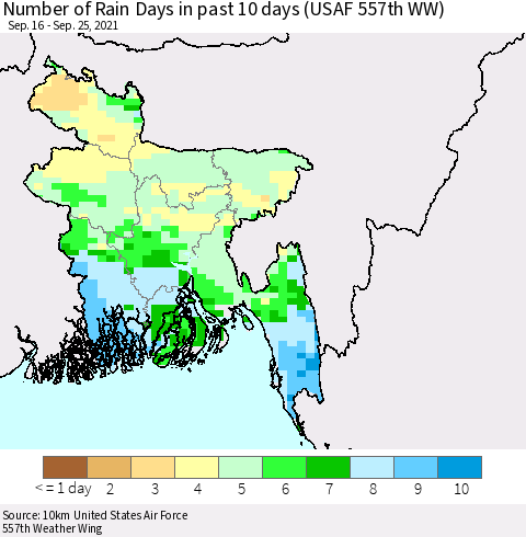 Bangladesh Number of Rain Days in past 10 days (USAF 557th WW) Thematic Map For 9/21/2021 - 9/25/2021
