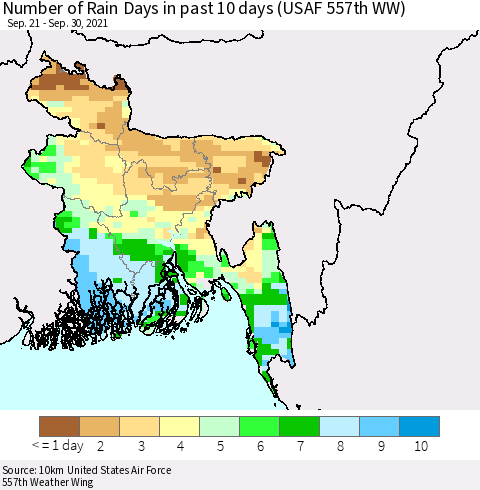 Bangladesh Number of Rain Days in past 10 days (USAF 557th WW) Thematic Map For 9/26/2021 - 9/30/2021