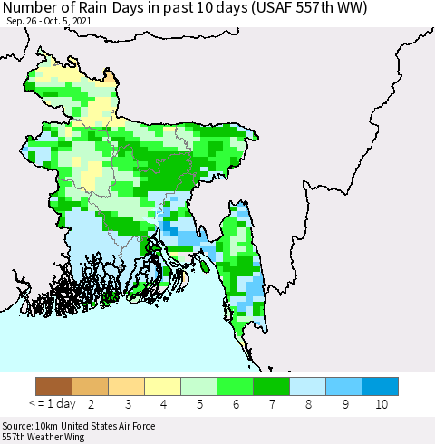 Bangladesh Number of Rain Days in past 10 days (USAF 557th WW) Thematic Map For 10/1/2021 - 10/5/2021