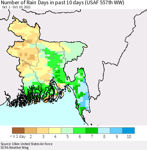 Bangladesh Number of Rain Days in past 10 days (USAF 557th WW) Thematic Map For 10/6/2021 - 10/10/2021
