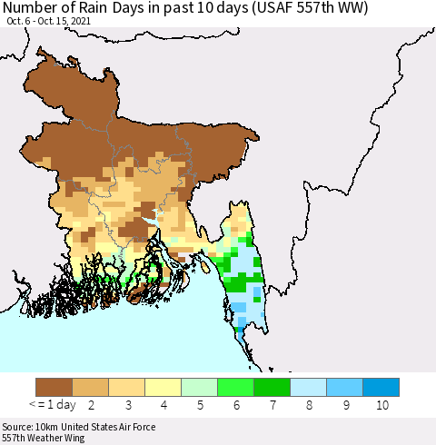 Bangladesh Number of Rain Days in past 10 days (USAF 557th WW) Thematic Map For 10/11/2021 - 10/15/2021