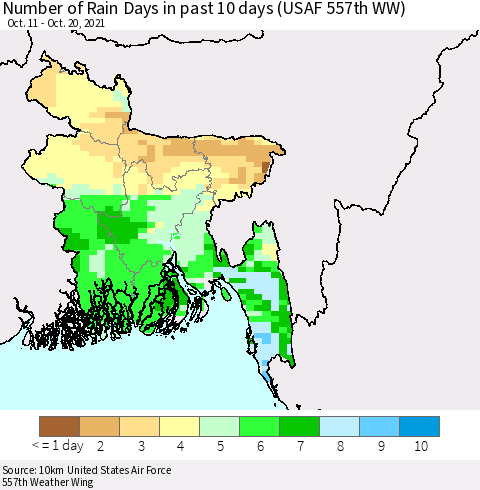 Bangladesh Number of Rain Days in past 10 days (USAF 557th WW) Thematic Map For 10/16/2021 - 10/20/2021
