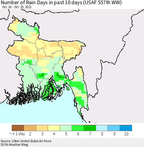 Bangladesh Number of Rain Days in past 10 days (USAF 557th WW) Thematic Map For 10/21/2021 - 10/25/2021