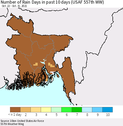 Bangladesh Number of Rain Days in past 10 days (USAF 557th WW) Thematic Map For 10/26/2021 - 10/31/2021