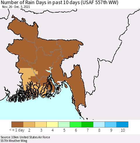 Bangladesh Number of Rain Days in past 10 days (USAF 557th WW) Thematic Map For 12/1/2021 - 12/5/2021