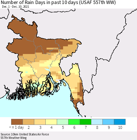 Bangladesh Number of Rain Days in past 10 days (USAF 557th WW) Thematic Map For 12/6/2021 - 12/10/2021