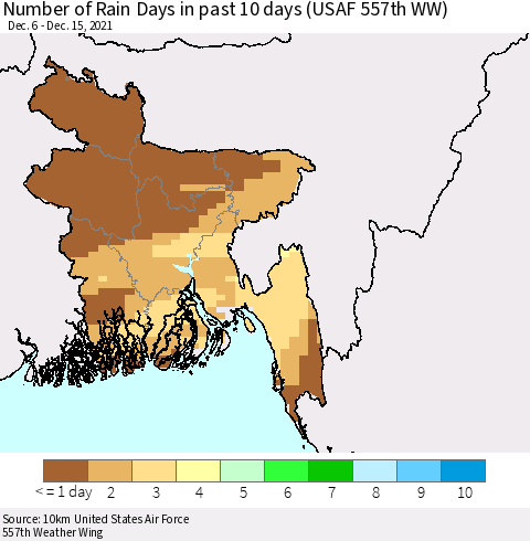 Bangladesh Number of Rain Days in past 10 days (USAF 557th WW) Thematic Map For 12/11/2021 - 12/15/2021