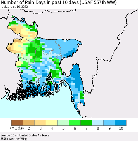 Bangladesh Number of Rain Days in past 10 days (USAF 557th WW) Thematic Map For 7/6/2022 - 7/10/2022
