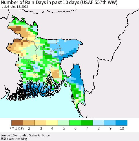 Bangladesh Number of Rain Days in past 10 days (USAF 557th WW) Thematic Map For 7/11/2022 - 7/15/2022