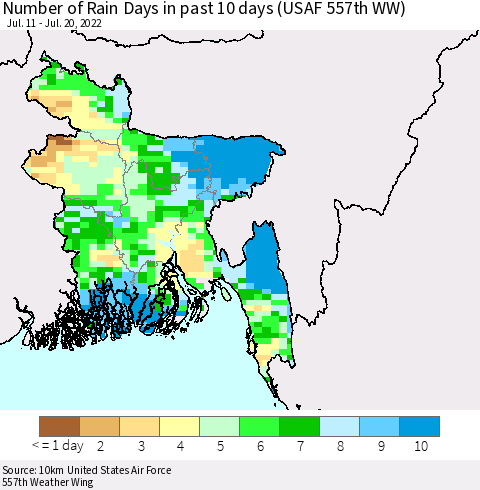 Bangladesh Number of Rain Days in past 10 days (USAF 557th WW) Thematic Map For 7/16/2022 - 7/20/2022