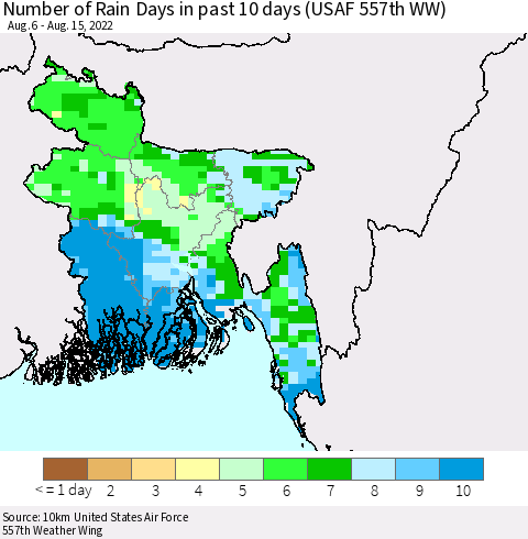Bangladesh Number of Rain Days in past 10 days (USAF 557th WW) Thematic Map For 8/11/2022 - 8/15/2022