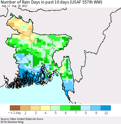 Bangladesh Number of Rain Days in past 10 days (USAF 557th WW) Thematic Map For 8/16/2022 - 8/20/2022