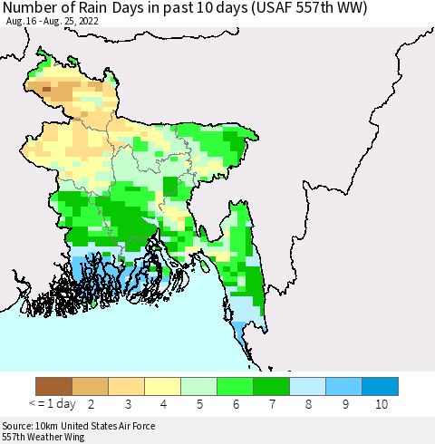 Bangladesh Number of Rain Days in past 10 days (USAF 557th WW) Thematic Map For 8/21/2022 - 8/25/2022