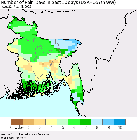 Bangladesh Number of Rain Days in past 10 days (USAF 557th WW) Thematic Map For 8/26/2022 - 8/31/2022
