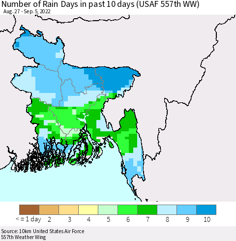 Bangladesh Number of Rain Days in past 10 days (USAF 557th WW) Thematic Map For 9/1/2022 - 9/5/2022