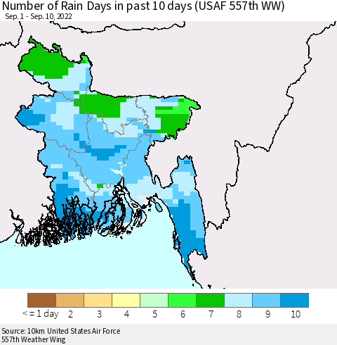 Bangladesh Number of Rain Days in past 10 days (USAF 557th WW) Thematic Map For 9/6/2022 - 9/10/2022