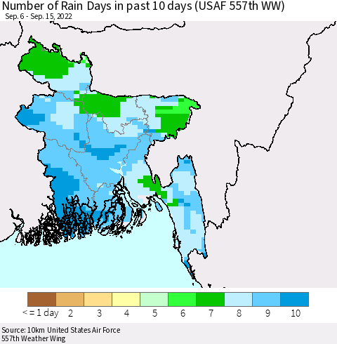 Bangladesh Number of Rain Days in past 10 days (USAF 557th WW) Thematic Map For 9/11/2022 - 9/15/2022