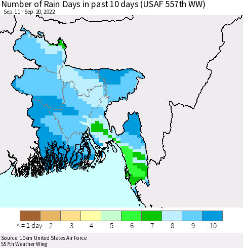 Bangladesh Number of Rain Days in past 10 days (USAF 557th WW) Thematic Map For 9/16/2022 - 9/20/2022