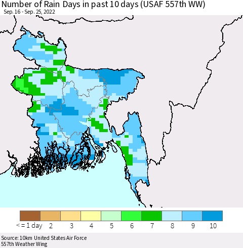 Bangladesh Number of Rain Days in past 10 days (USAF 557th WW) Thematic Map For 9/21/2022 - 9/25/2022