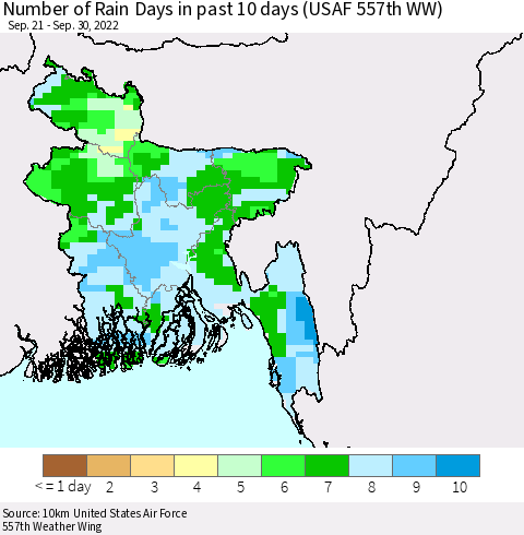 Bangladesh Number of Rain Days in past 10 days (USAF 557th WW) Thematic Map For 9/26/2022 - 9/30/2022