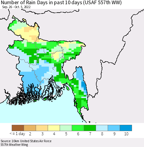 Bangladesh Number of Rain Days in past 10 days (USAF 557th WW) Thematic Map For 10/1/2022 - 10/5/2022